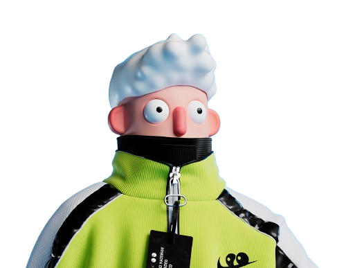 3D illustrated character wearing a yellow jacket